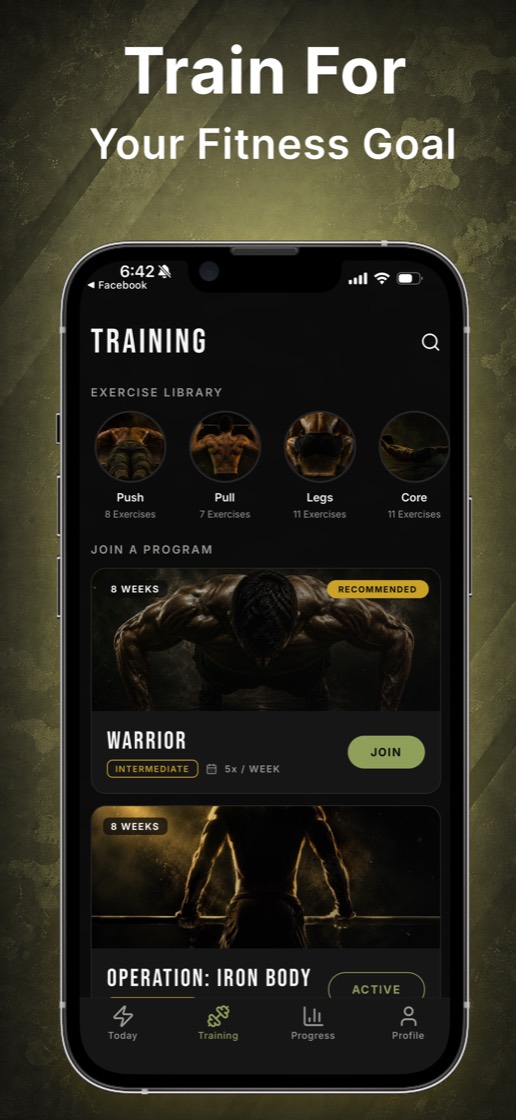 Rank progression and workout streak tracking in the Military Calisthenics app